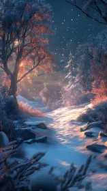 Snowlit forest path glows under warm sunrise light