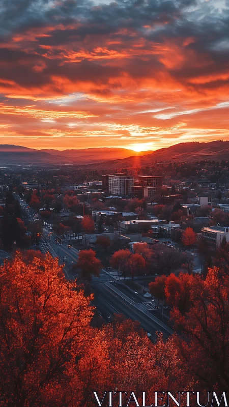 Urban valley at sunset with saturated red foliage and layered clouds