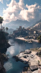 Coastal Settlement Against Alpine Backdrop in Dramatic Daylight.