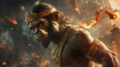 Mythic warrior monkey in burning divine battlefield scene.