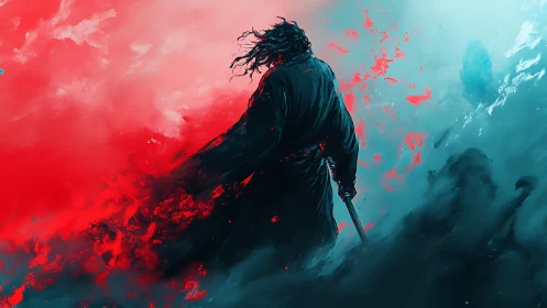 Swordwalker pauses where red storm collides with blue mist
