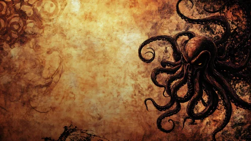 Brooding abyssal kraken coils over scorched parchment sky.