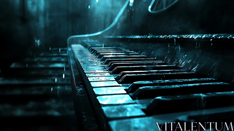 Rain-soaked piano keys glisten under cold blue light