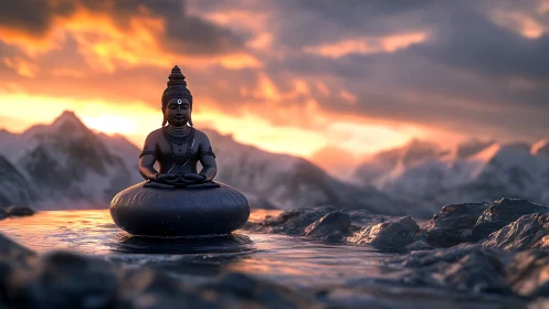 High-altitude Buddha statue on reflective rock pool at sunset