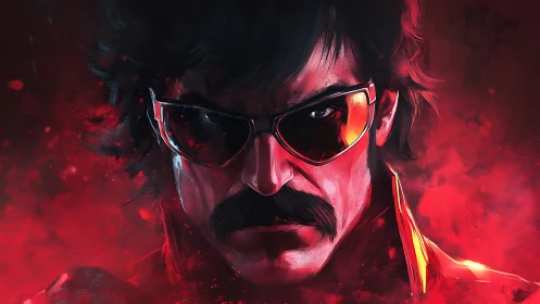 Chromatic cyber-portrait of mustached enforcer in red haze.