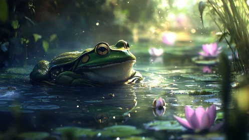 Frog with ornate eye device rests in sunlit lily pond