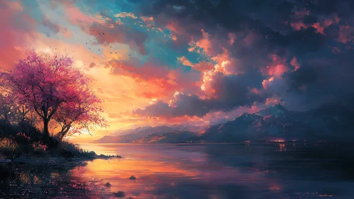 Radiant lakeside sunset renders high-saturation atmospheric depth