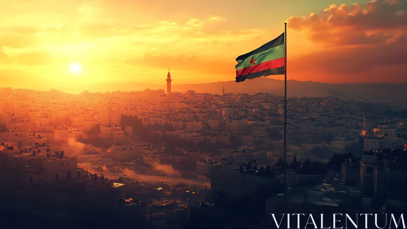 Sunlit urban skyline with tricolor flag over hazy cityscape.