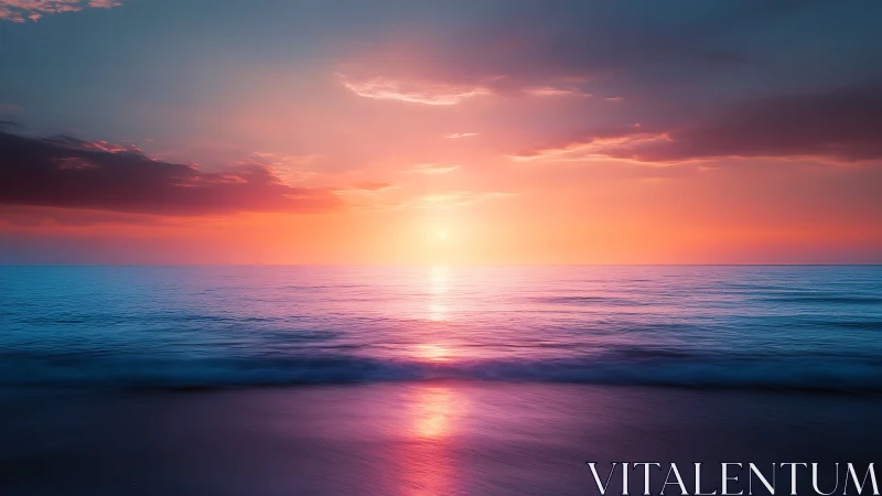 Sunset horizon glows over tranquil pastel ocean water.