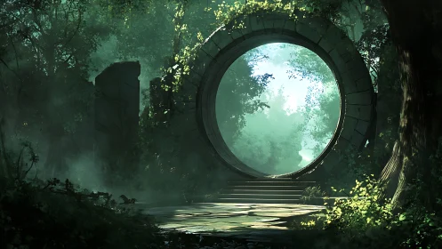 Ancient stone portal set in dense green forest ruins.