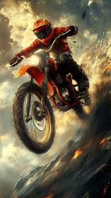 Fearless dirt biker soaring through stormy golden skies.