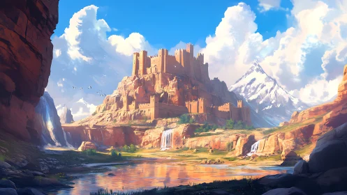 Mountain fortress overlooks waterfalls and river valley