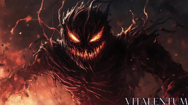 Fire-drenched demon wreathed in embers and raging shadow.