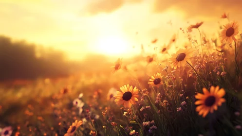 Backlit daisy meadow in cinematic sunset bokeh field study.