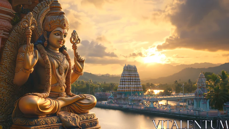 Golden Hindu deity statue beside riverside temple complex at dusk.