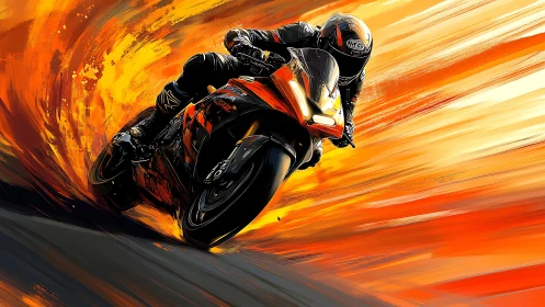 Flame-trail superbike slicing through a molten sunset bend.