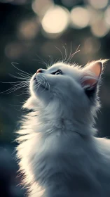 White Cat Gazing Upward in Soft Light.