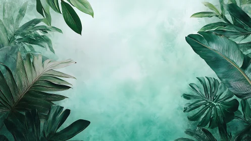 Tropical foliage border framing soft teal background space.