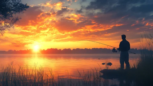 Quiet shoreline sunrise with a lone fisherman waiting peacefully.