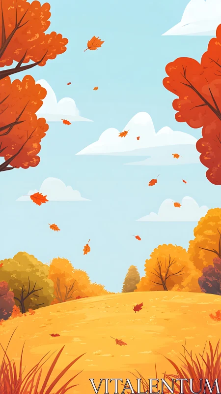 Autumn hillside landscape shows orange trees and falling leaves