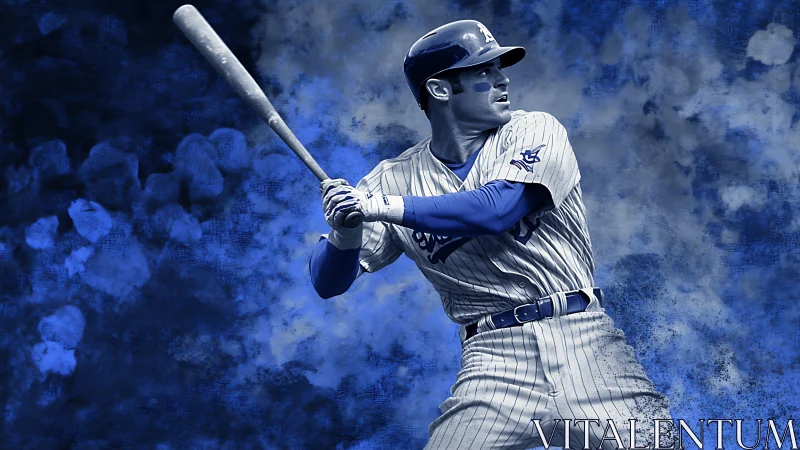 Baseball slugger readies swing in bold blue digital haze.
