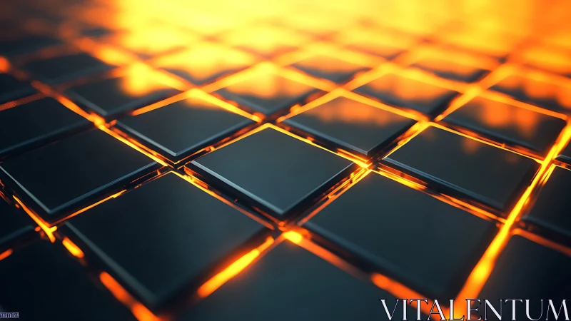 Glowing grid of dark glass tiles reveals molten core light