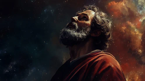 Stargazer in crimson robes drinking in a painted cosmos.