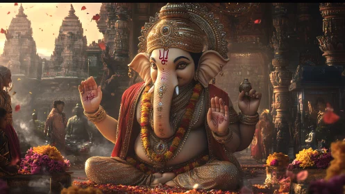 Elephant-headed deity smiles gently amid swirling temple blooms