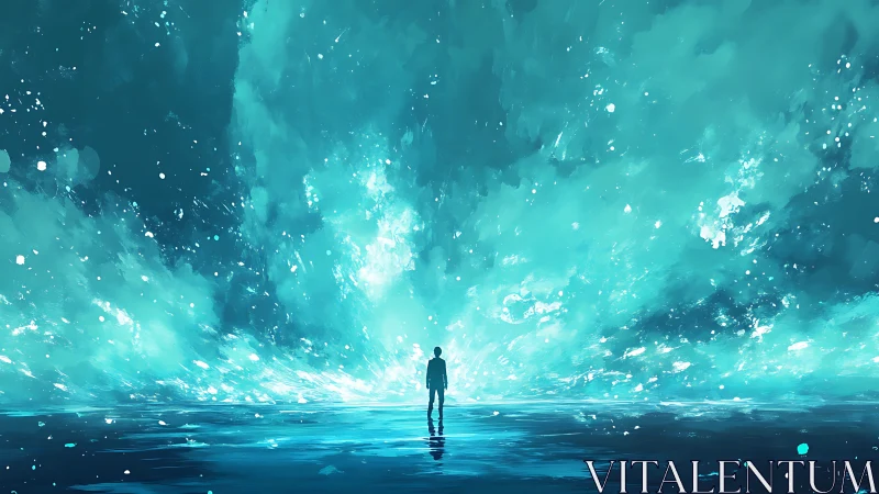 Solitary human figure before expansive teal light field.