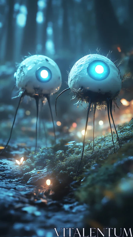 Bioluminescent Orb Drones Stalking Through Misty Forest.