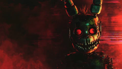 Sinister robotic rabbit looms within glitching red fog