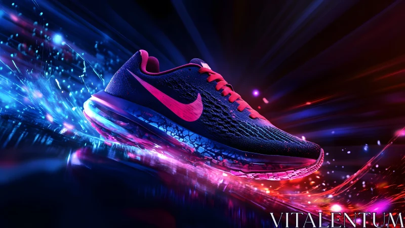 Futuristic running shoe with neon blue and pink accents, digital art style.