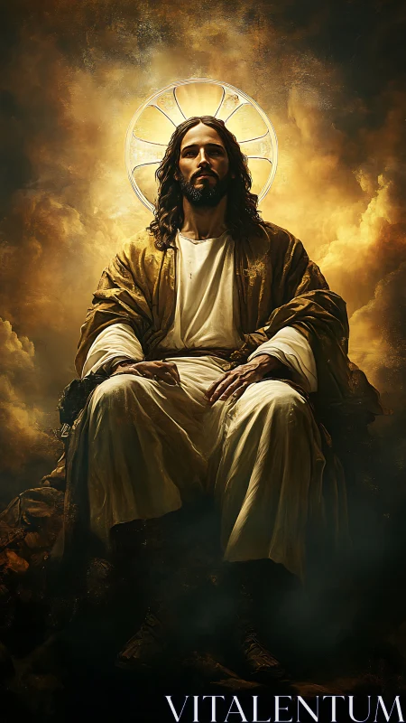 Majestic seated Christ figure with luminous golden halo.