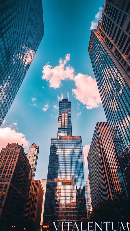 Glass skyscraper rises into glowing clouds at sunset downtown