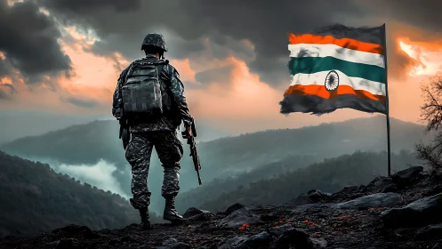 Backlit soldier on ridge with Indian flag in turbulent sky.