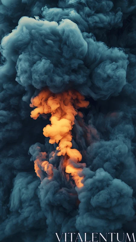 Dense teal smoke clouds with central orange light core.