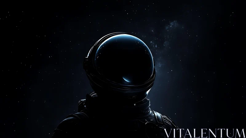 Silhouetted astronaut in deep starfield with reflective visor.