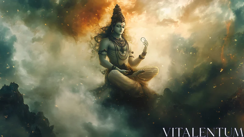 Serene deity meditates in swirling cosmic golden clouds
