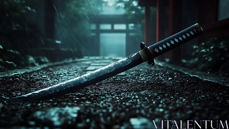 Katana rests on rain-soaked temple path at dusk.