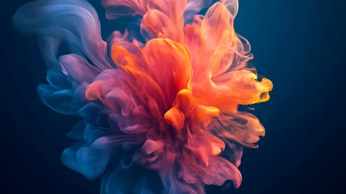 Vivid orange ink cloud blooms in deep blue water space.