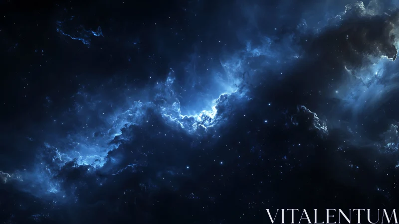 Luminescent blue nebular front in deep interstellar void.