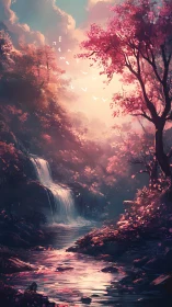 Enchanted pink forest waterfall glows in dreamy sunset light