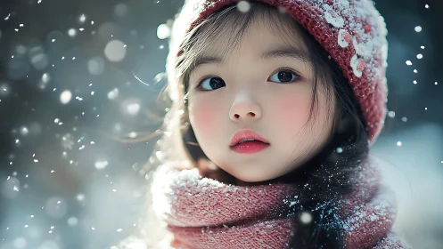 Child in winter attire amid falling snow particles