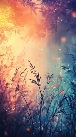 Bokeh-lit grasses divide warm and cool atmospheric color fields