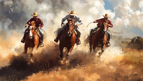 Three cowboys on horseback riding across dusty plain.