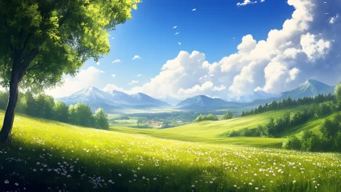 Sunlit mountain valley stretches beyond blooming meadow