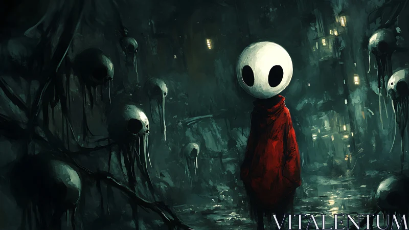 Masked child wanders dripping skull swamp at night.