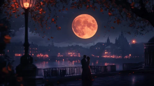 Crimson Moon Romance: Silhouetted Lovers Under Enchanted Glow