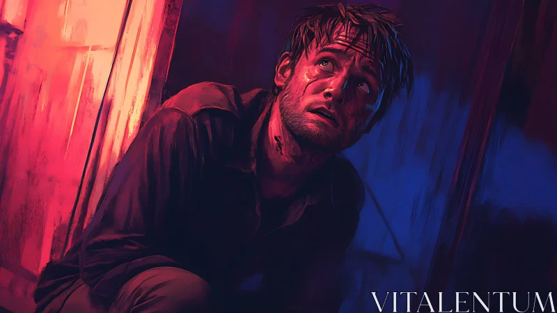 Wounded man crouches in neon shadows, bathed in fear.