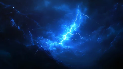 Electric blue lightning dances across a stormy night sky